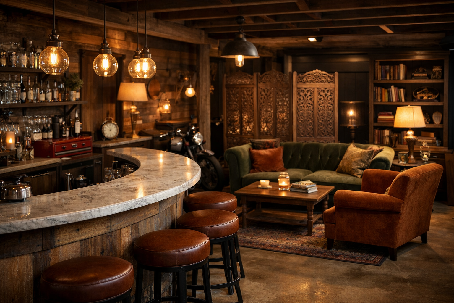 Sophisticated garage bar with curved marble counter and velvet lounge furniture