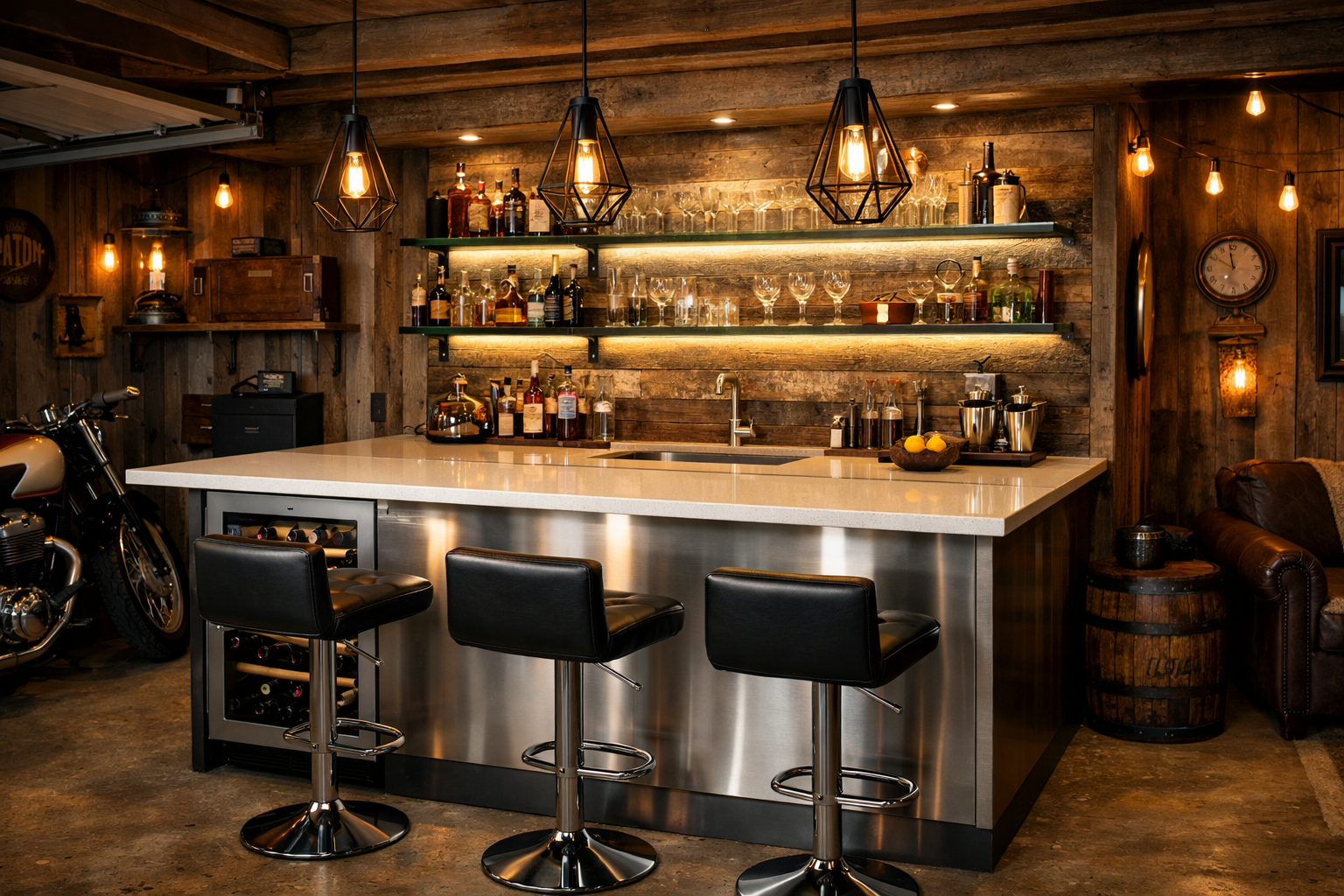Modern garage bar with white quartz counters and LED lighting