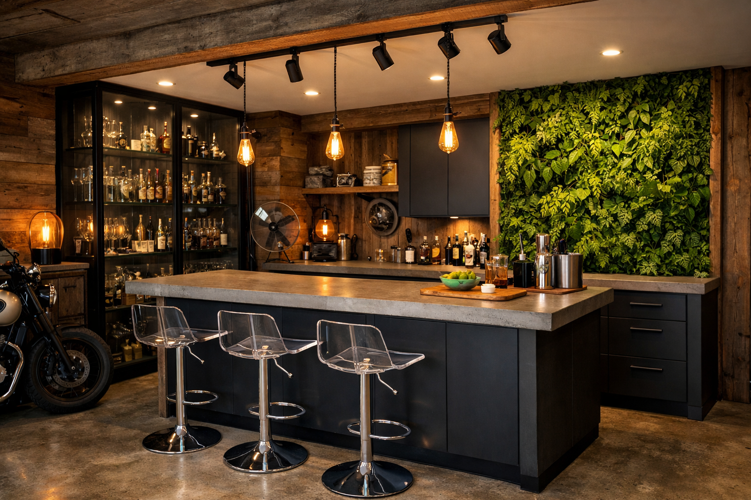 Minimalist garage bar with concrete counters and living wall