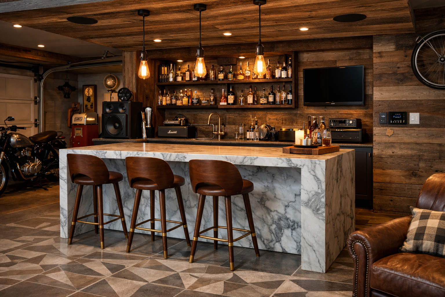 Contemporary garage bar with marble waterfall island and brass accents