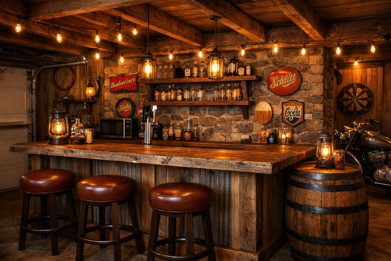 Rustic garage bar with reclaimed wood and vintage beer signs
