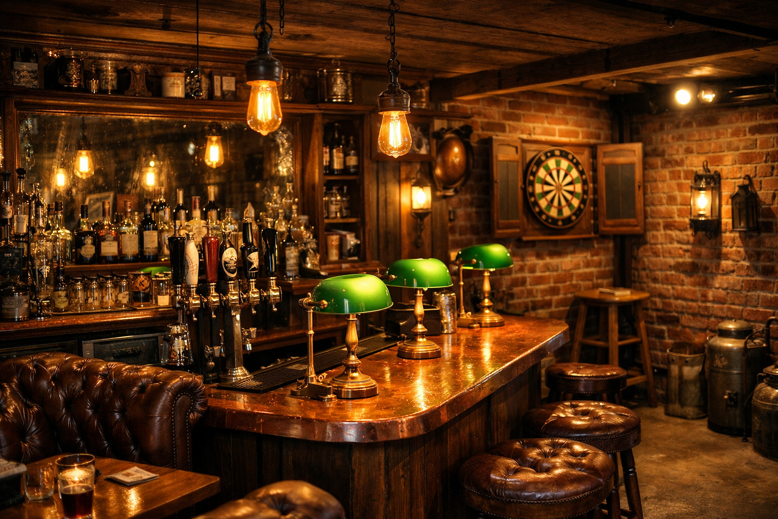 English pub-style garage bar with dark wood and copper accents