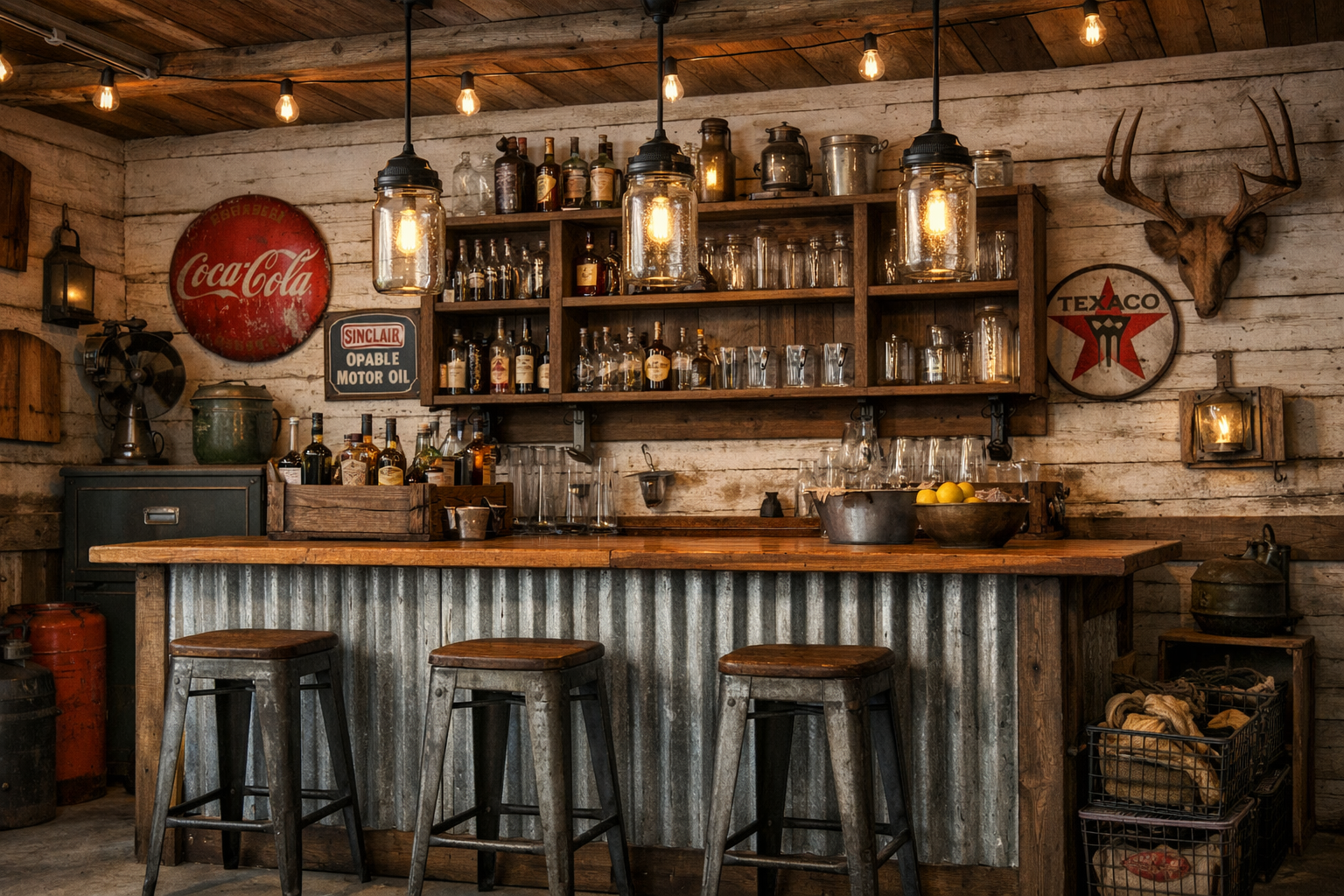 Farmhouse garage bar with white-washed wood and mason jar lighting