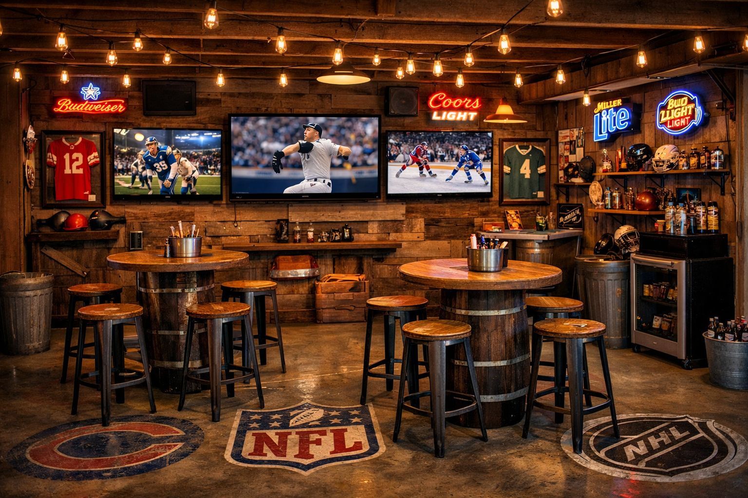 Sports bar garage with multiple TVs and team memorabilia