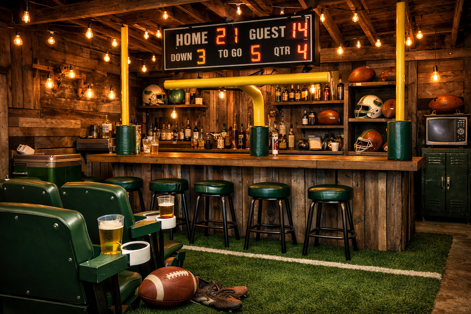 Football-themed garage bar with artificial turf and goal post design
