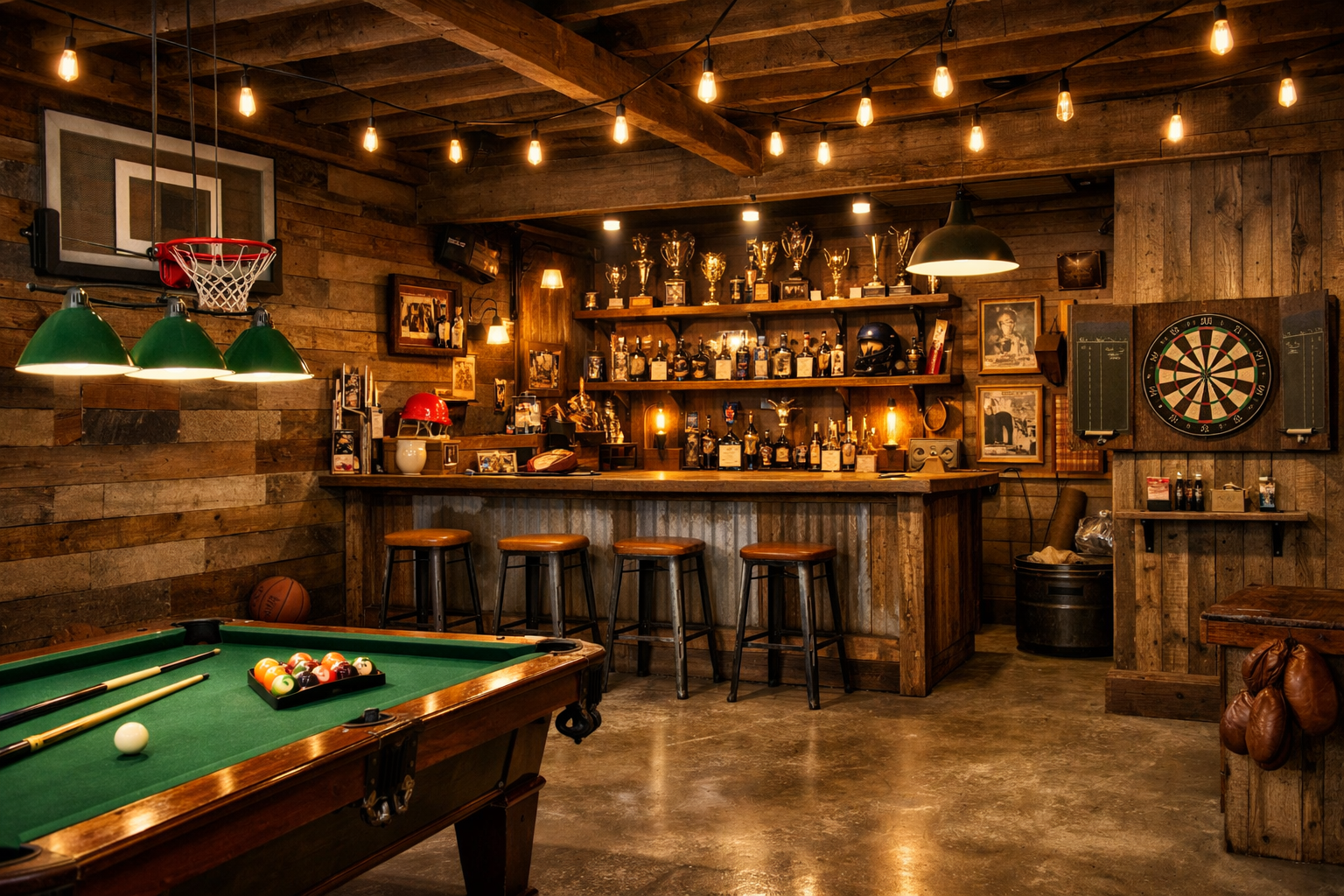 Multi-sport garage bar with basketball hoop and pool table