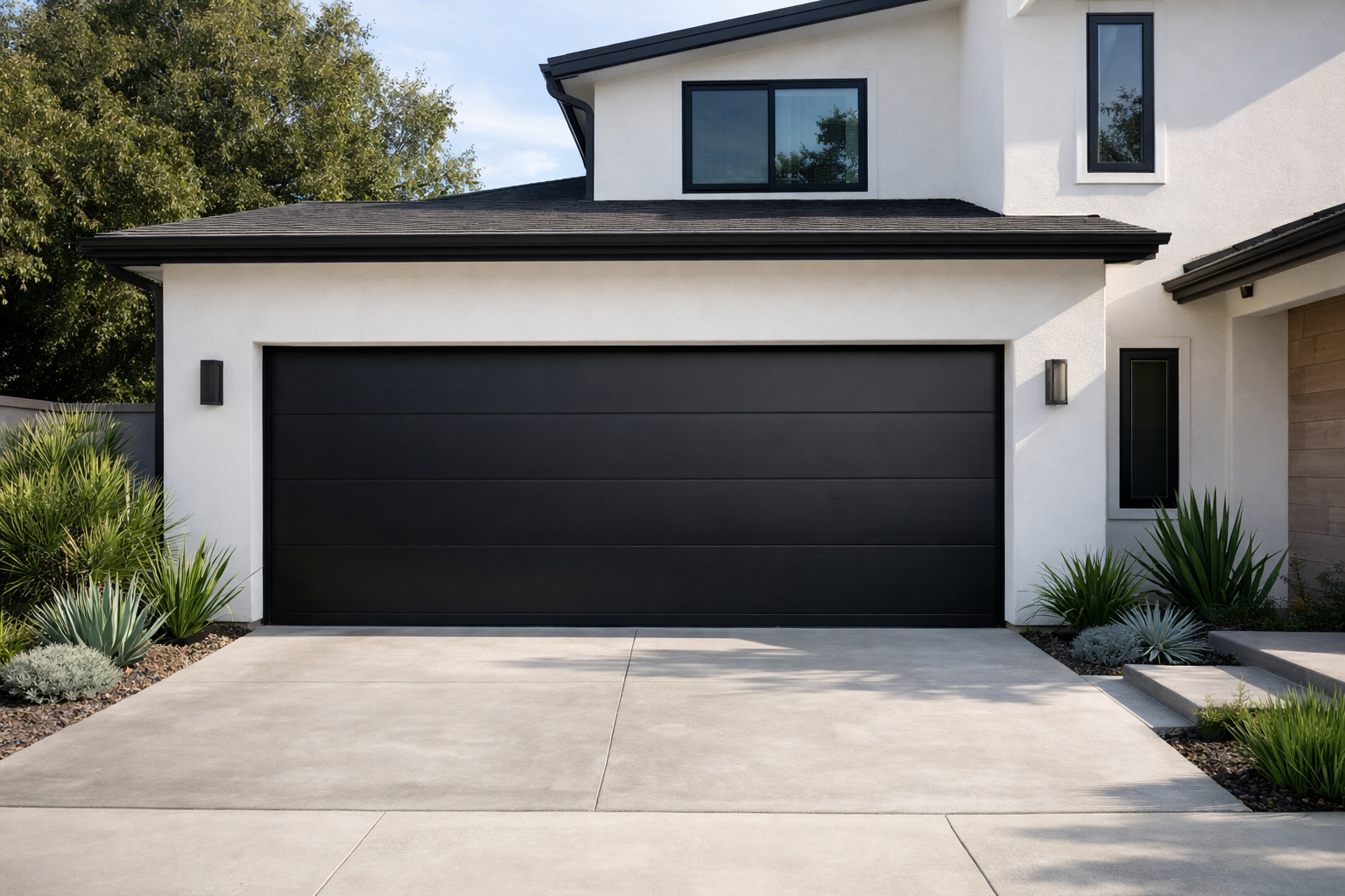 Modern white house with sleek black garage door and minimalist design