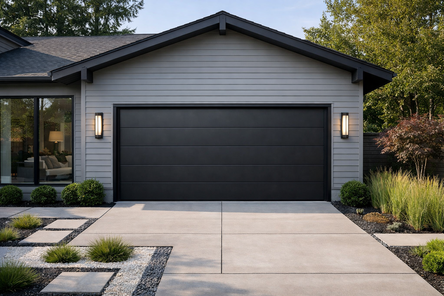 Contemporary gray home with matte black garage door and modern architecture