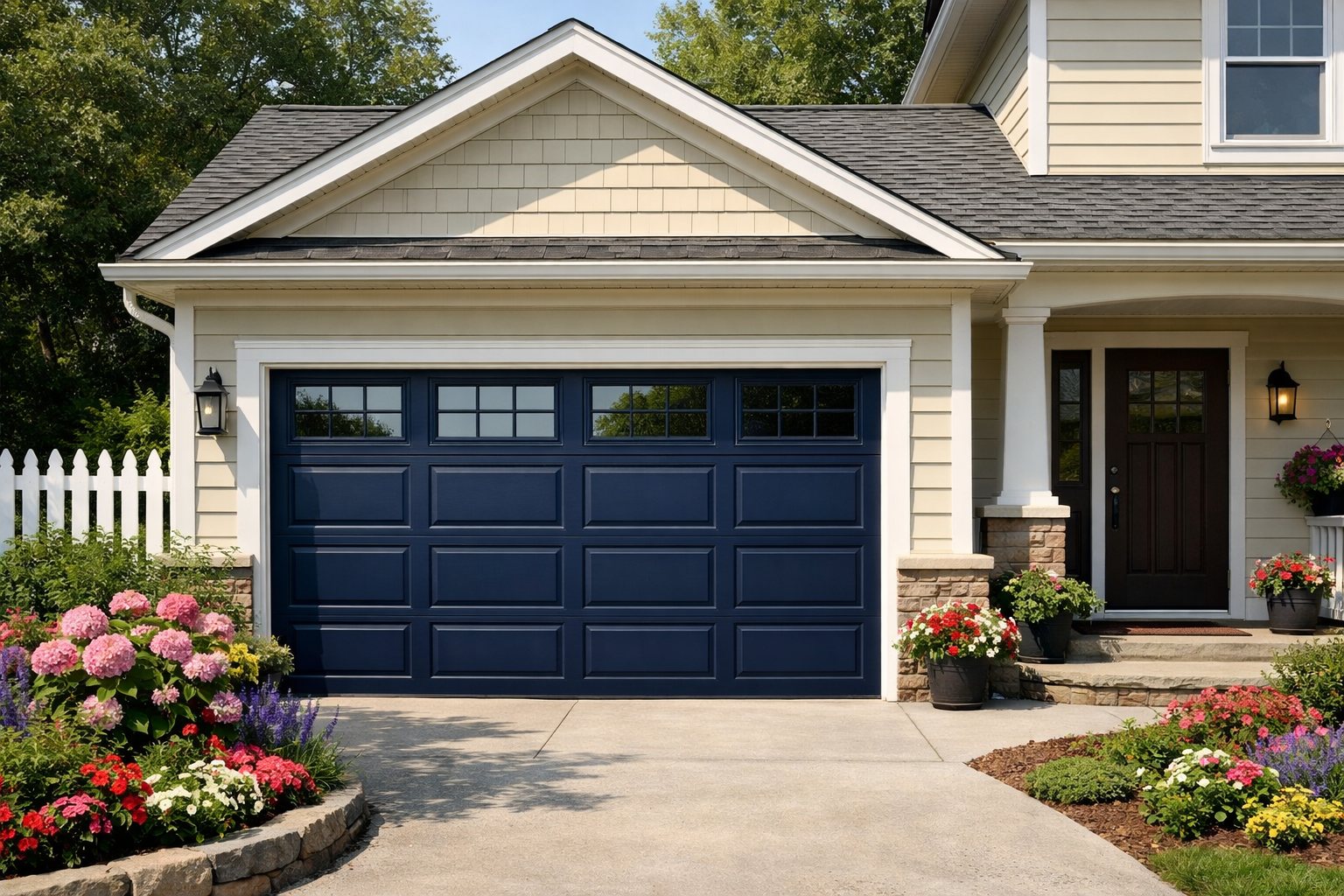Traditional home featuring deep navy blue garage door with cream siding