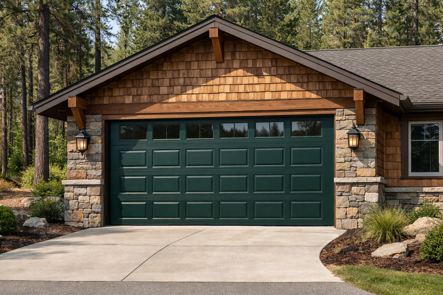 Ranch home with forest green garage door and natural wood exterior