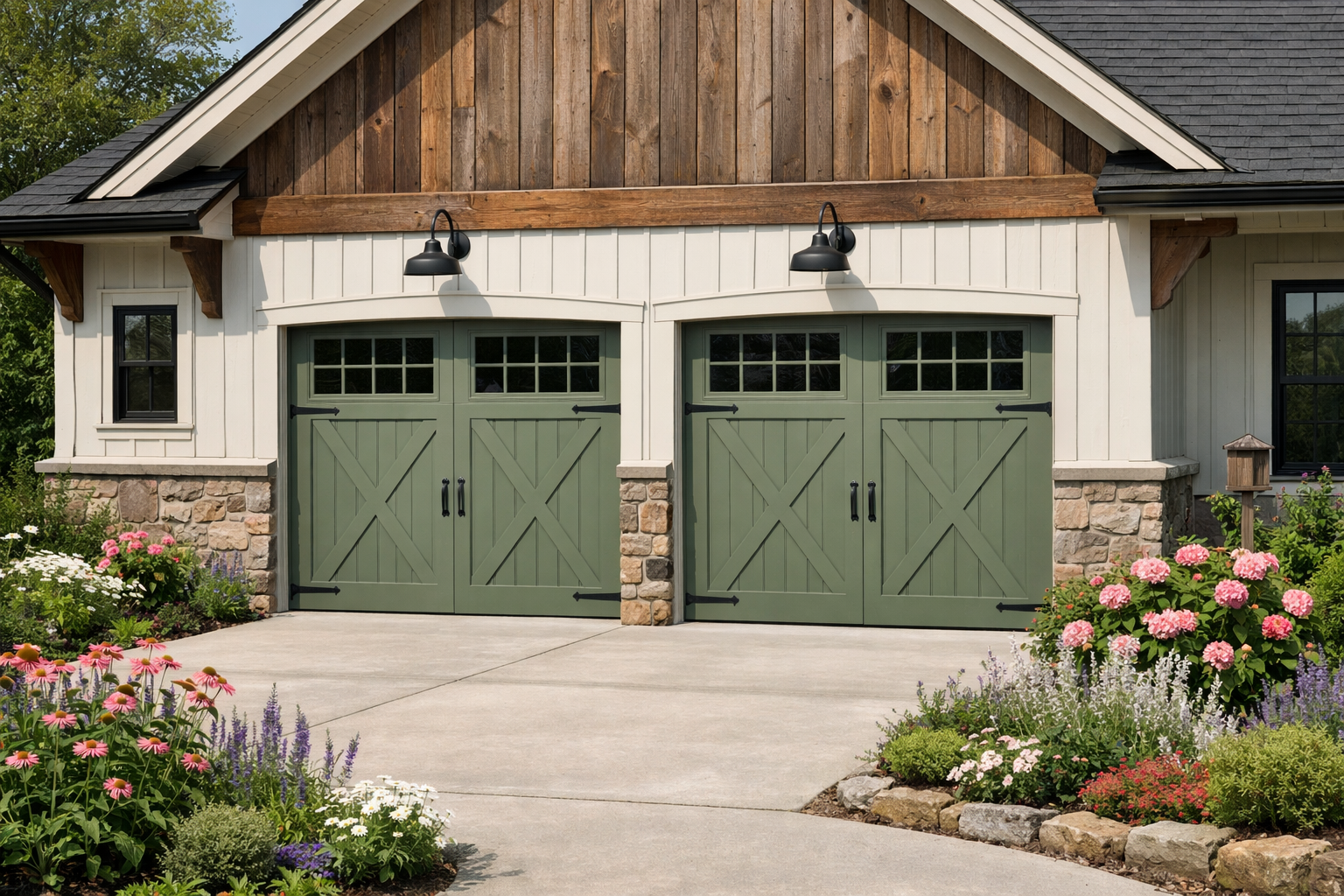 Farmhouse home featuring sage green steel carriage style garage doors