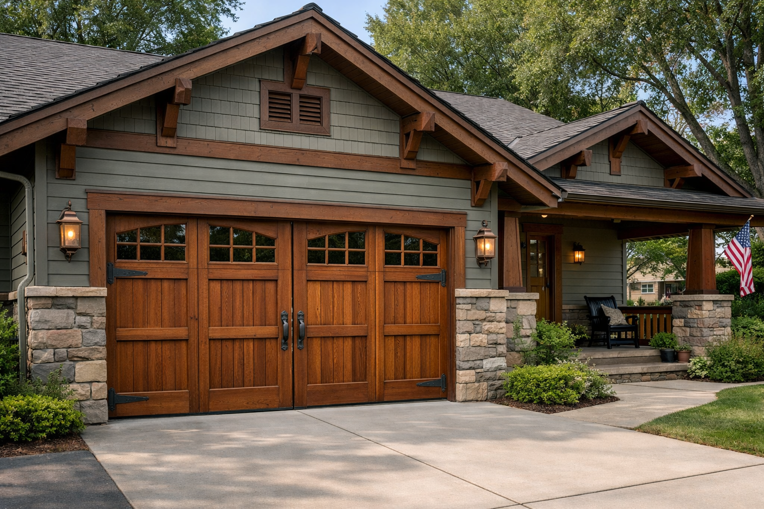 Craftsman bungalow with natural wood carriage house garage doors and copper hardware