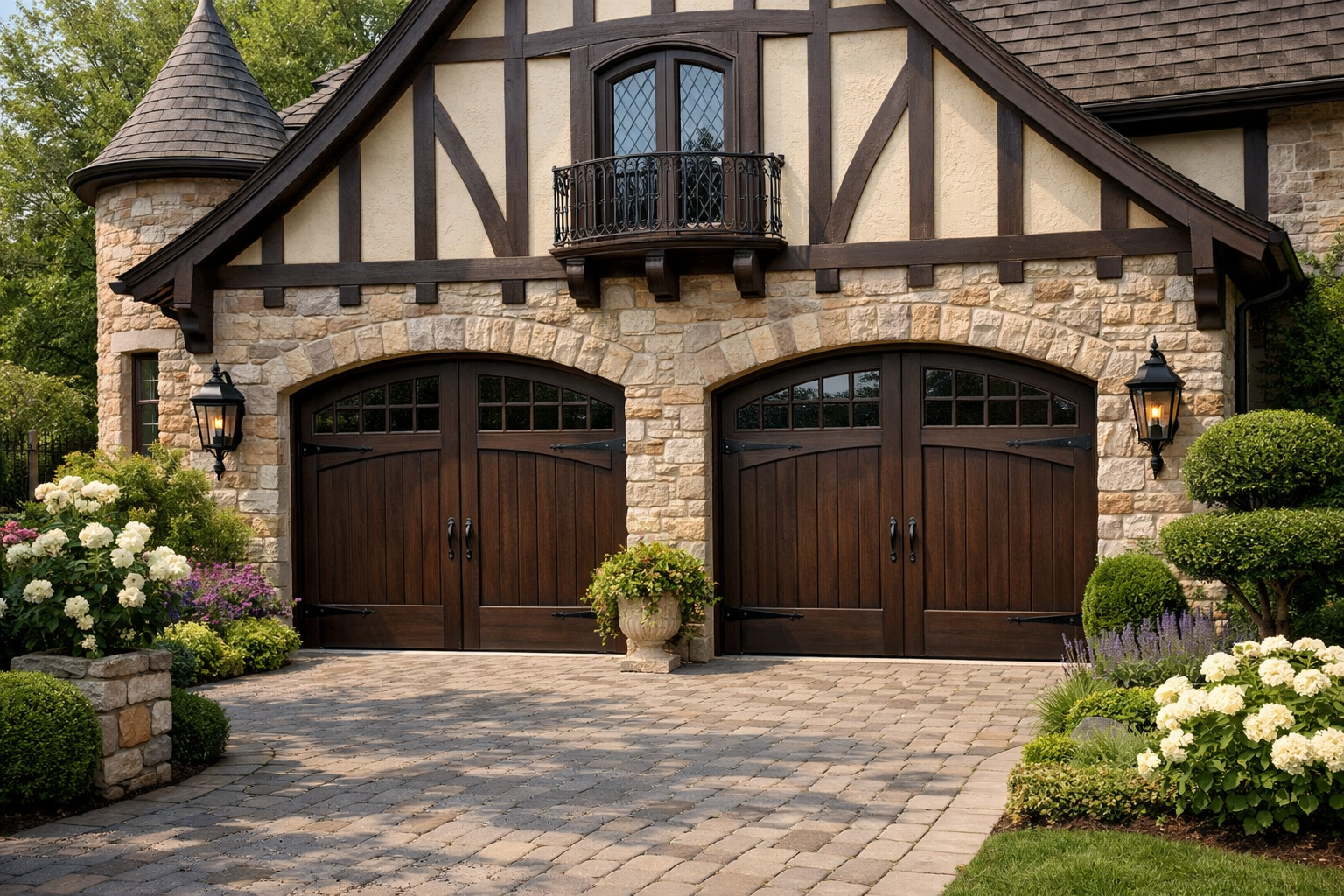 Tudor home with dark brown carriage style garage doors and stone exterior