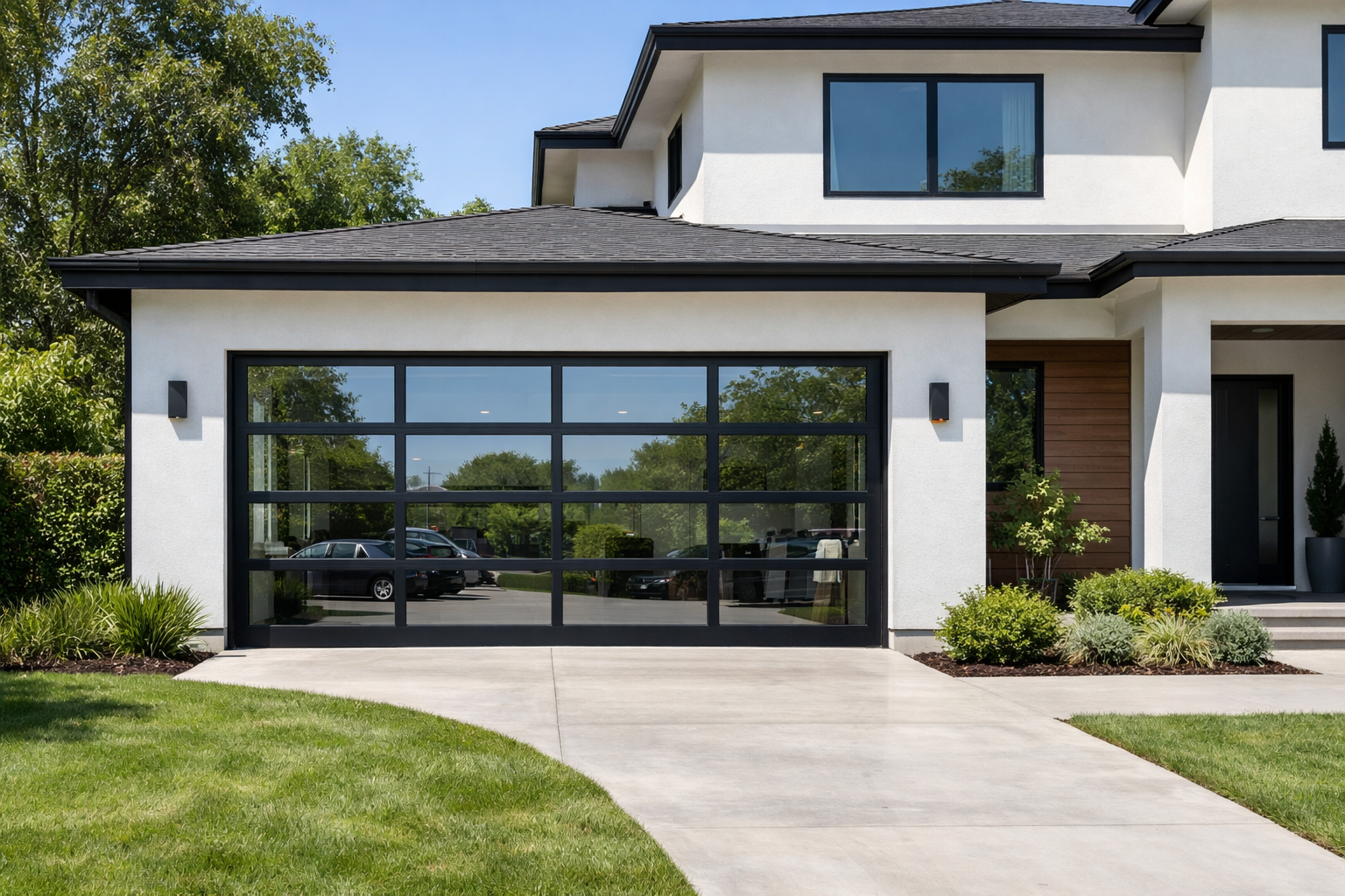 Modern house with sleek glass panel garage door and contemporary architecture
