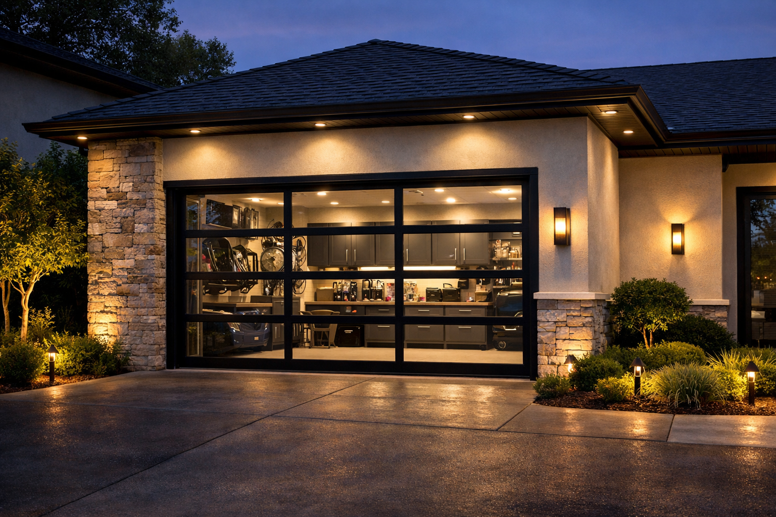 Luxury modern home with full-view glass garage door and interior lighting
