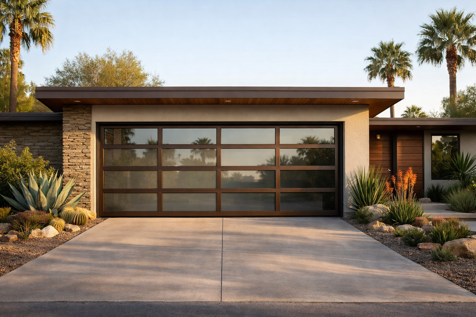 Mid-century modern home with bronze-framed glass panel garage door