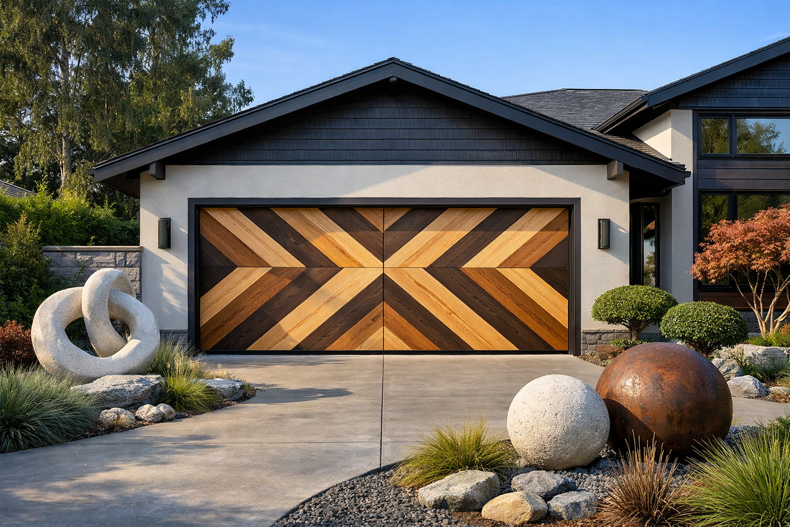 Contemporary home with custom geometric wood pattern garage door design