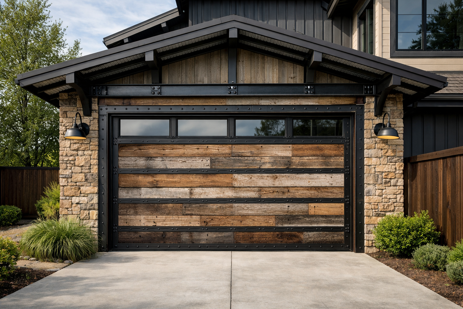 Modern home with reclaimed barn wood and steel accent garage door