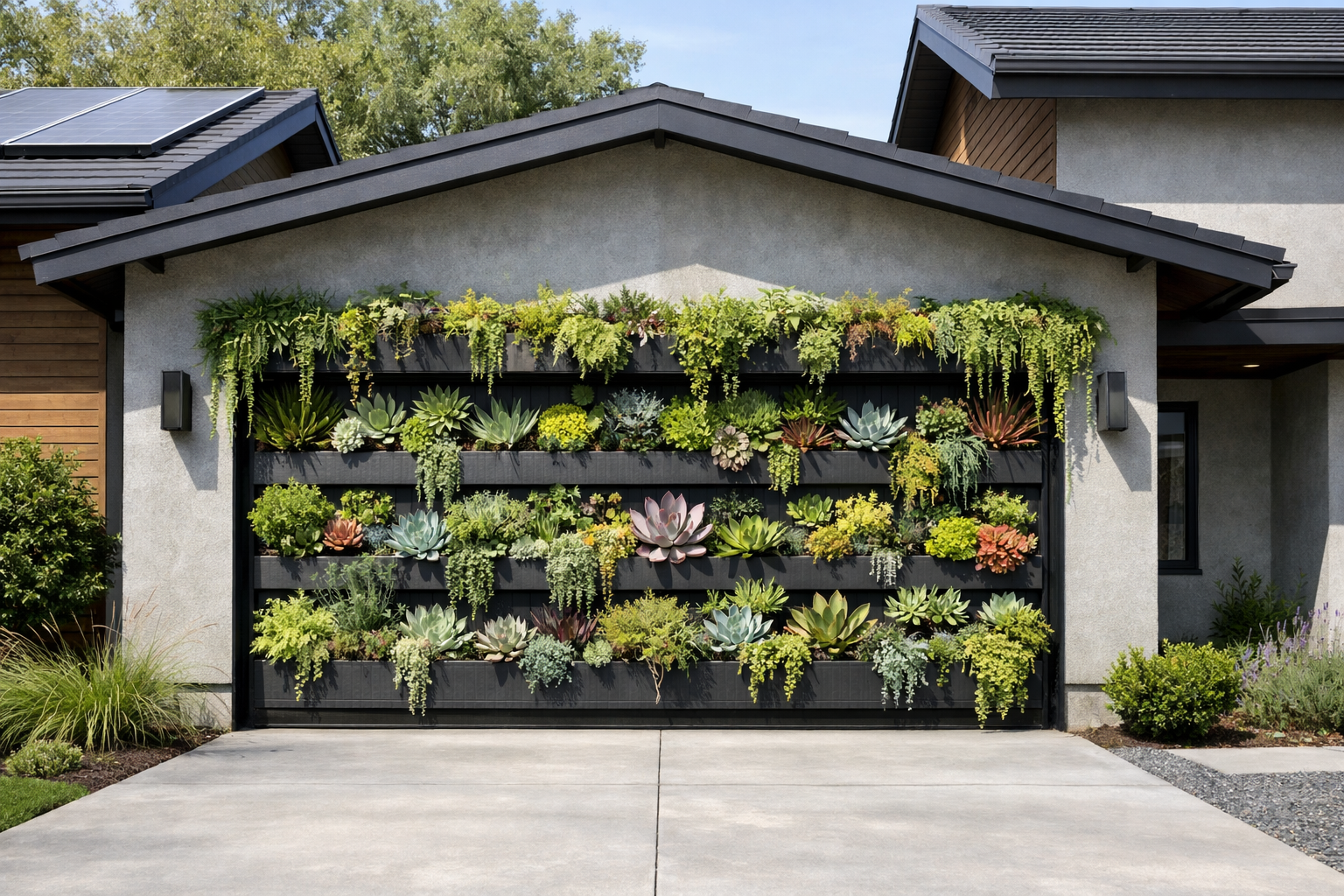 Eco-friendly home with living wall garage door featuring integrated planters