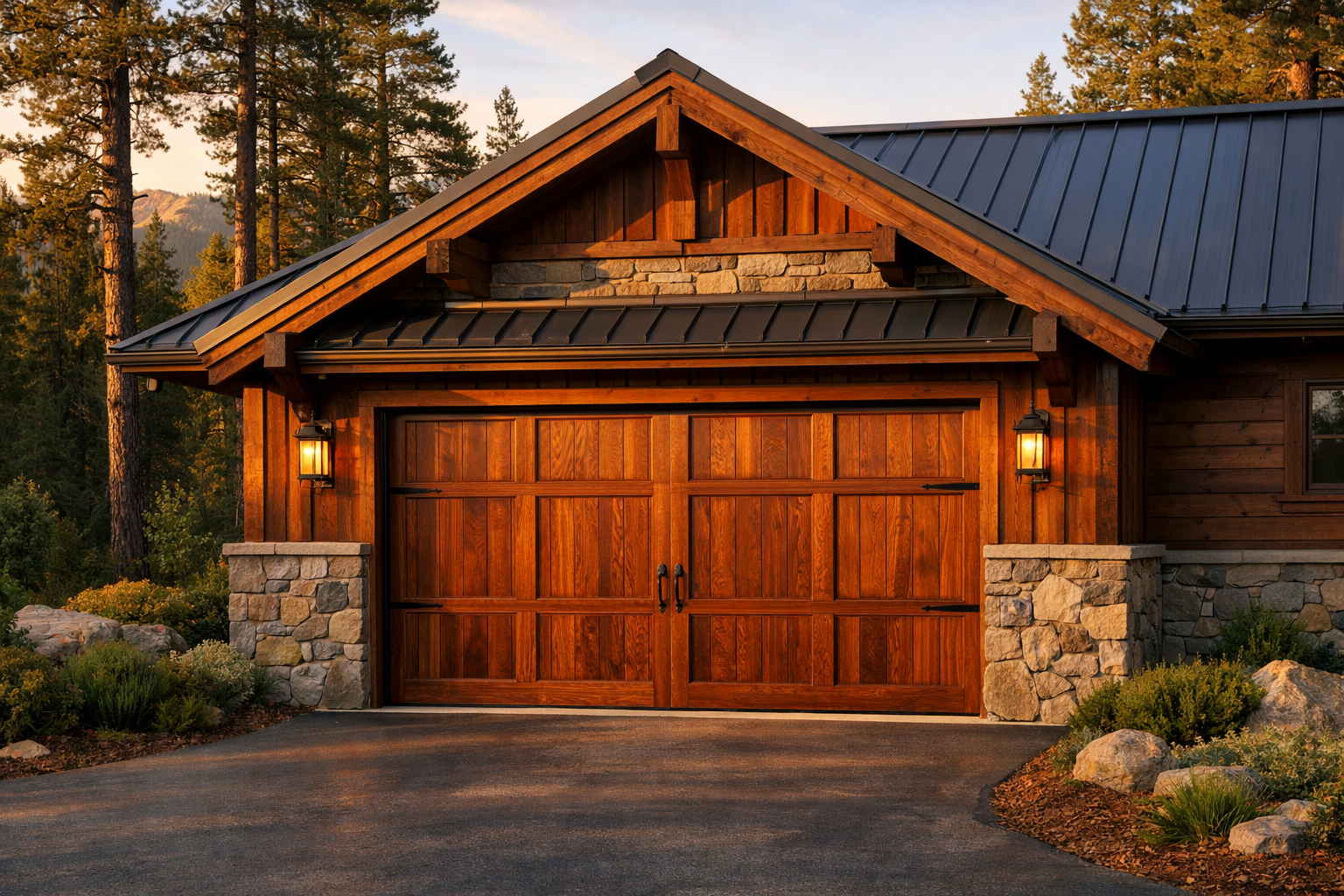 Mountain cabin with natural cedar garage door and stone foundation