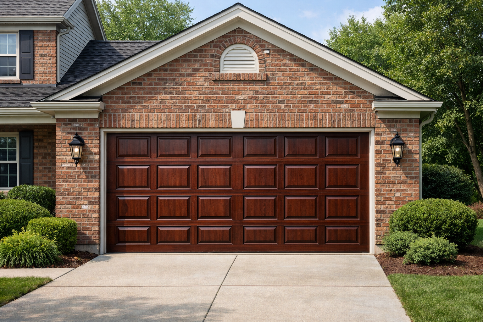 Suburban home featuring stained mahogany garage door with raised panels