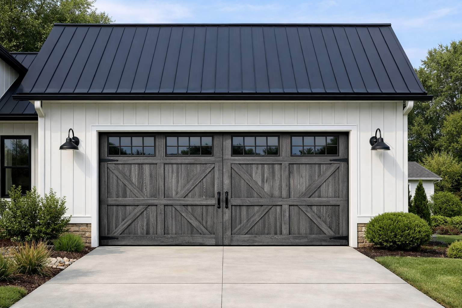 Modern farmhouse with weathered gray faux wood garage door