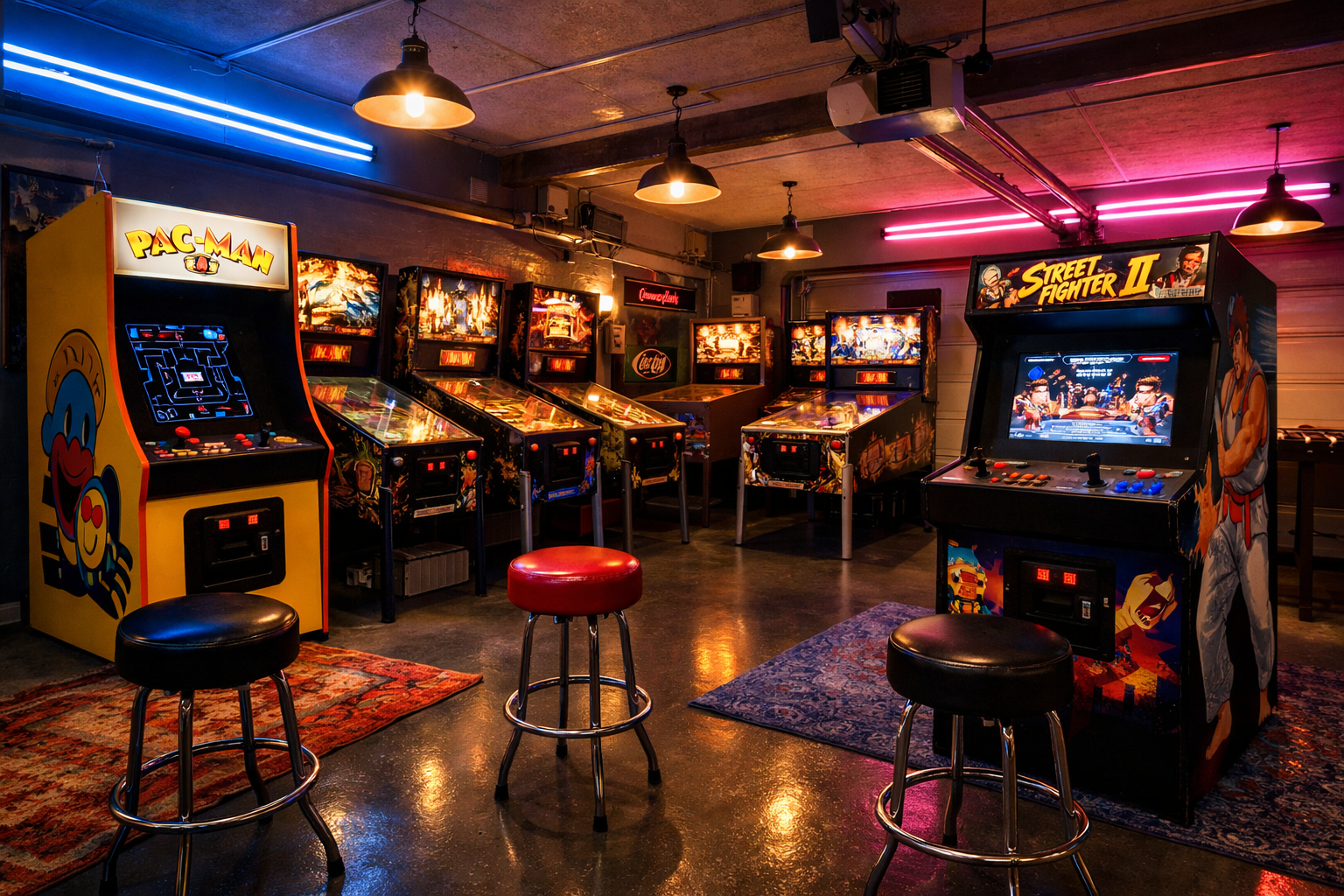Retro garage arcade room with vintage game cabinets and neon lighting