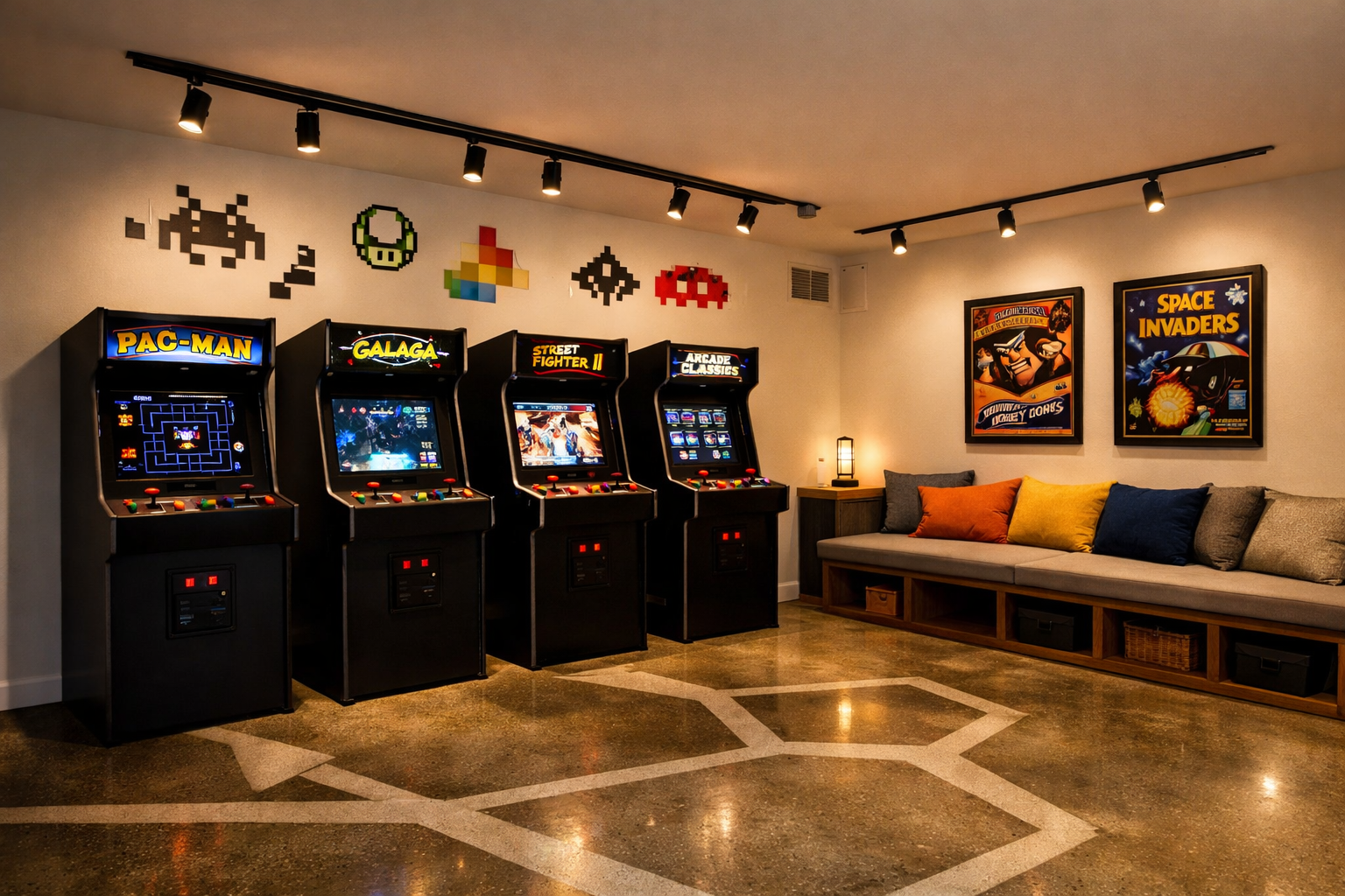 Modern garage arcade setup with LED cabinets and contemporary design