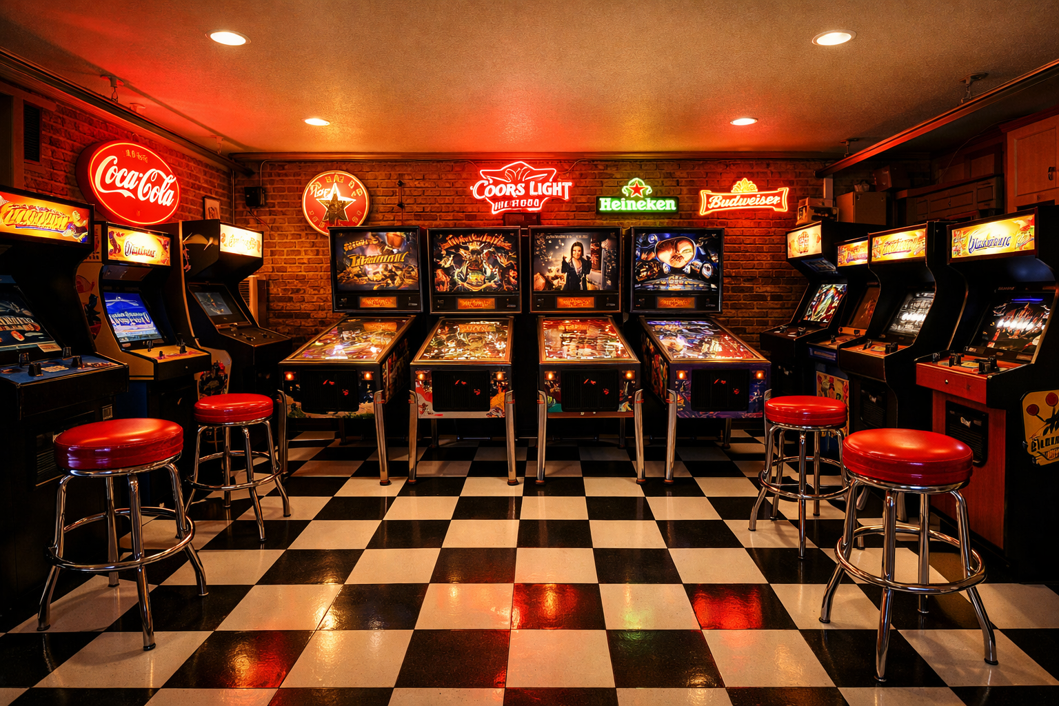 Garage pinball and arcade setup with checkered floors and vintage signage