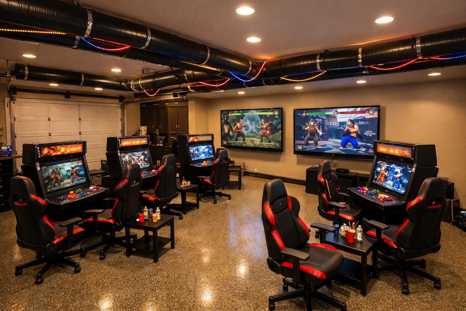 Tournament-style garage arcade with fighting game cabinets and viewing screens