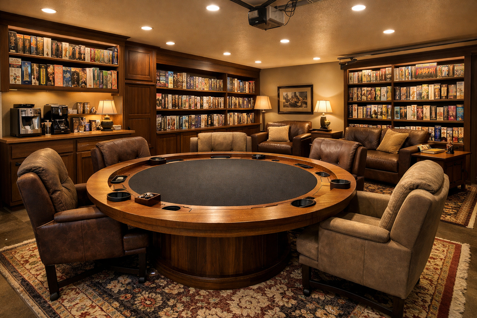 Cozy garage board game room with circular table and extensive game storage