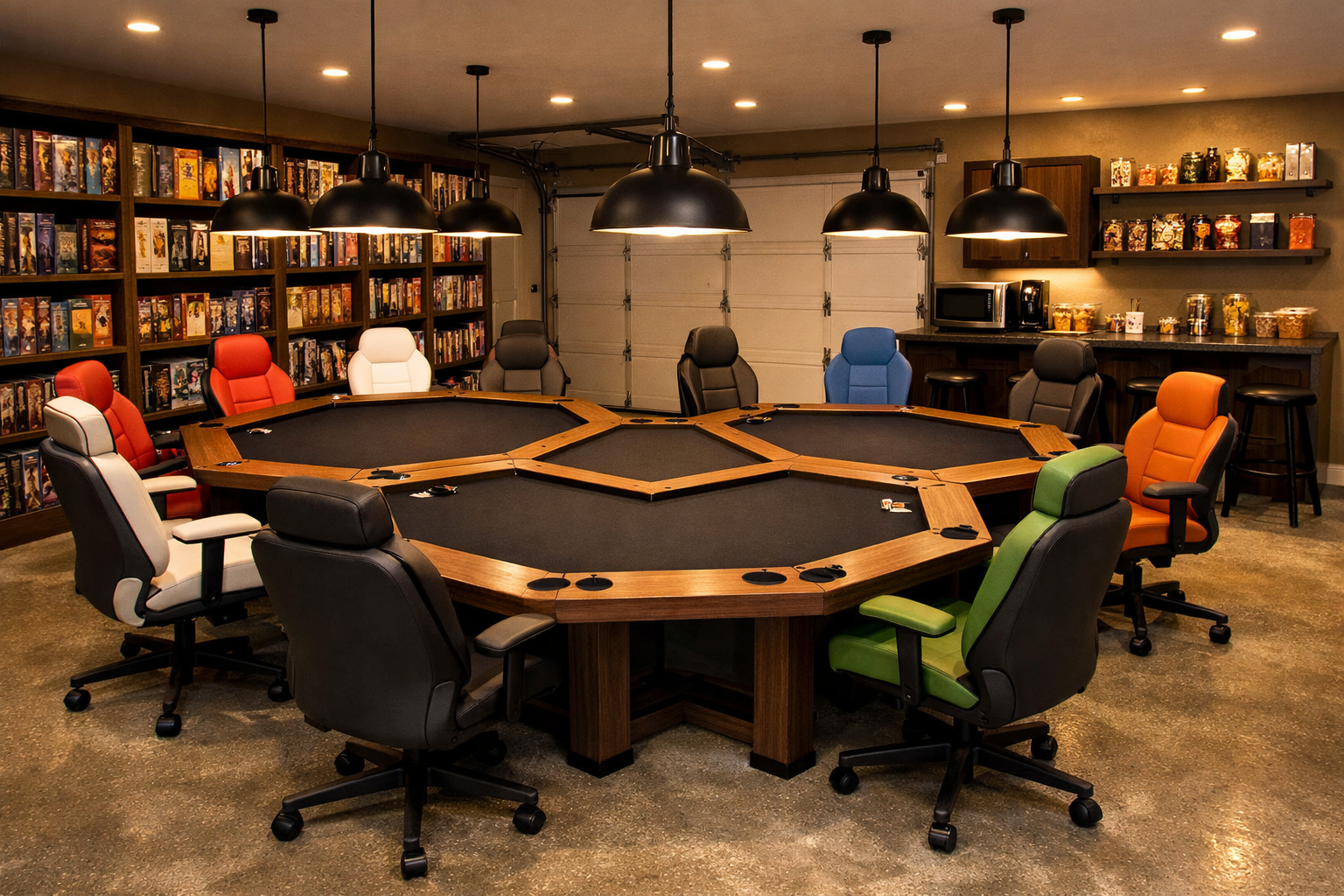 Modern garage board game room with modular hexagonal gaming tables
