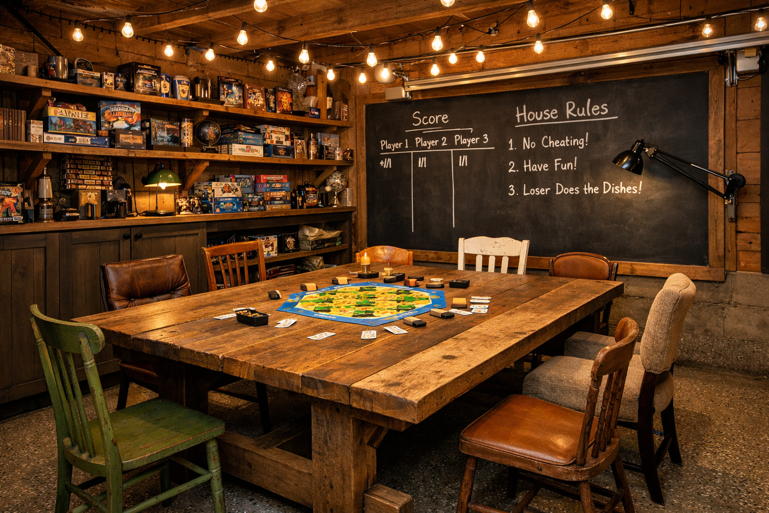 Rustic garage board game room with farmhouse table and vintage seating