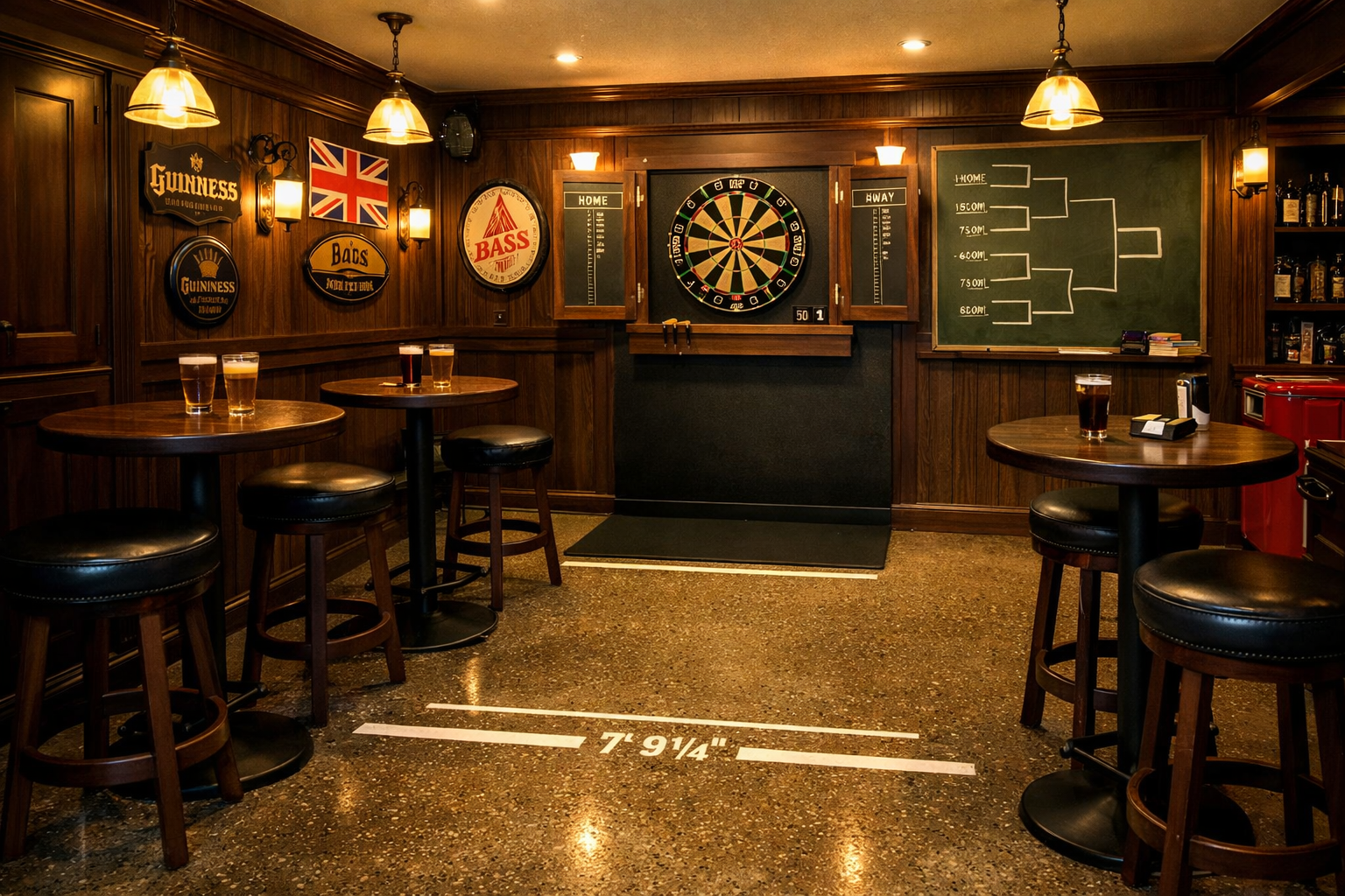 Traditional pub-style garage with professional dart board and high tables