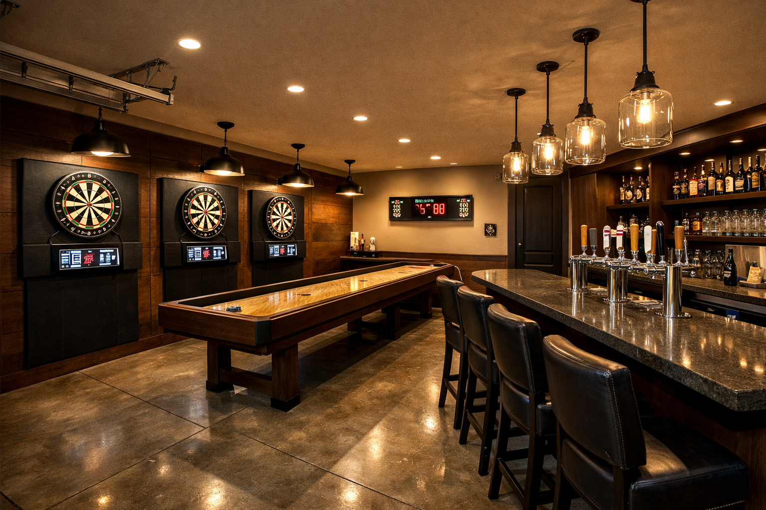 Modern garage pub with electronic dart boards and shuffleboard table