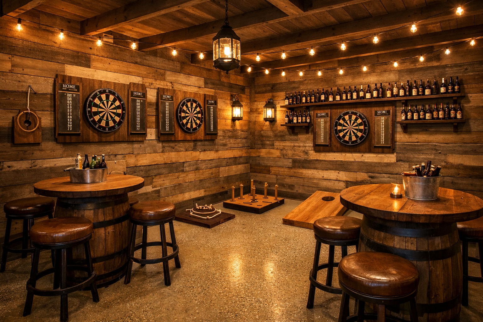 Rustic garage dart room with reclaimed wood and vintage pub games