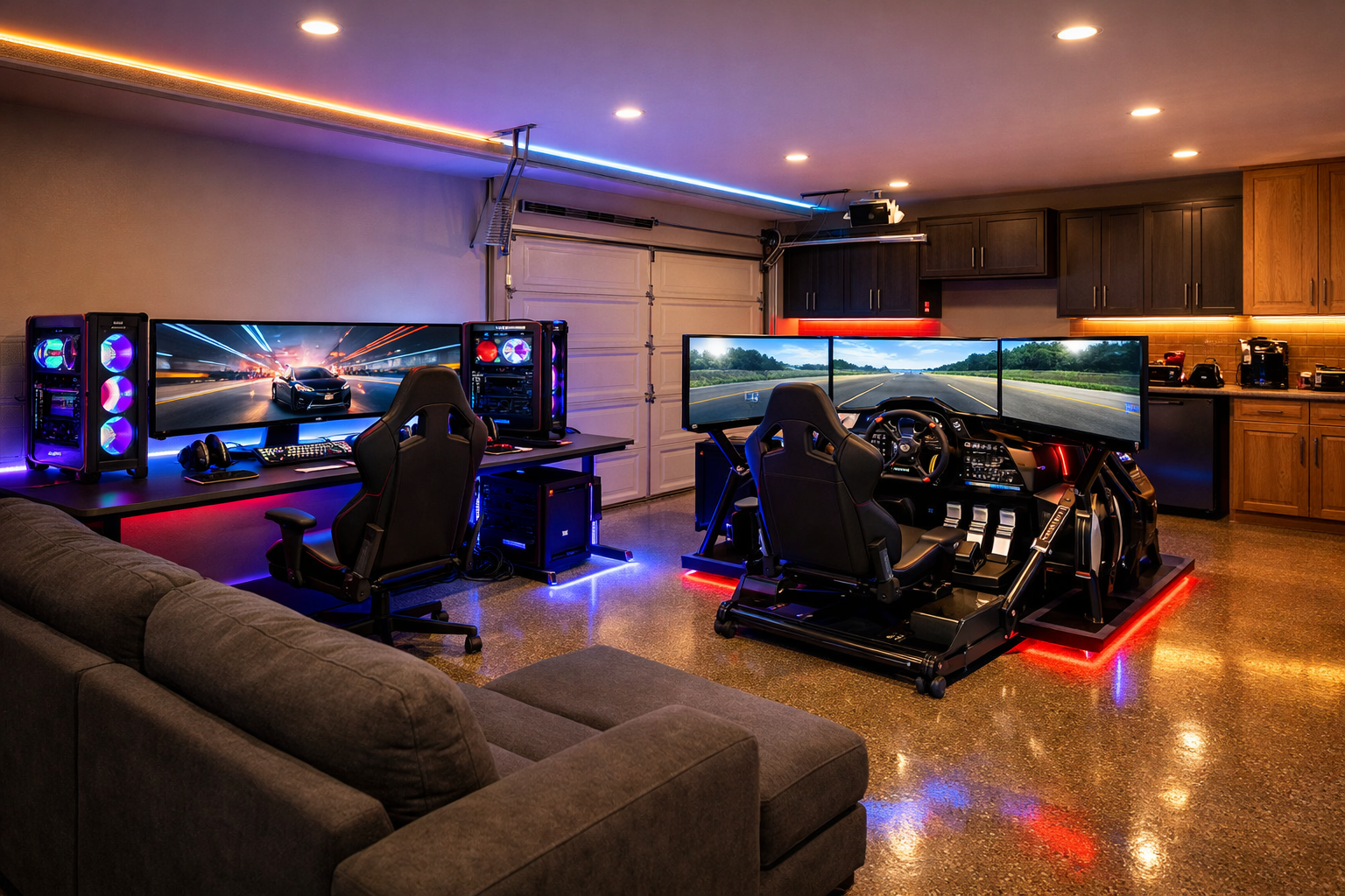 High-tech garage gaming setup with RGB PCs and racing simulation cockpit
