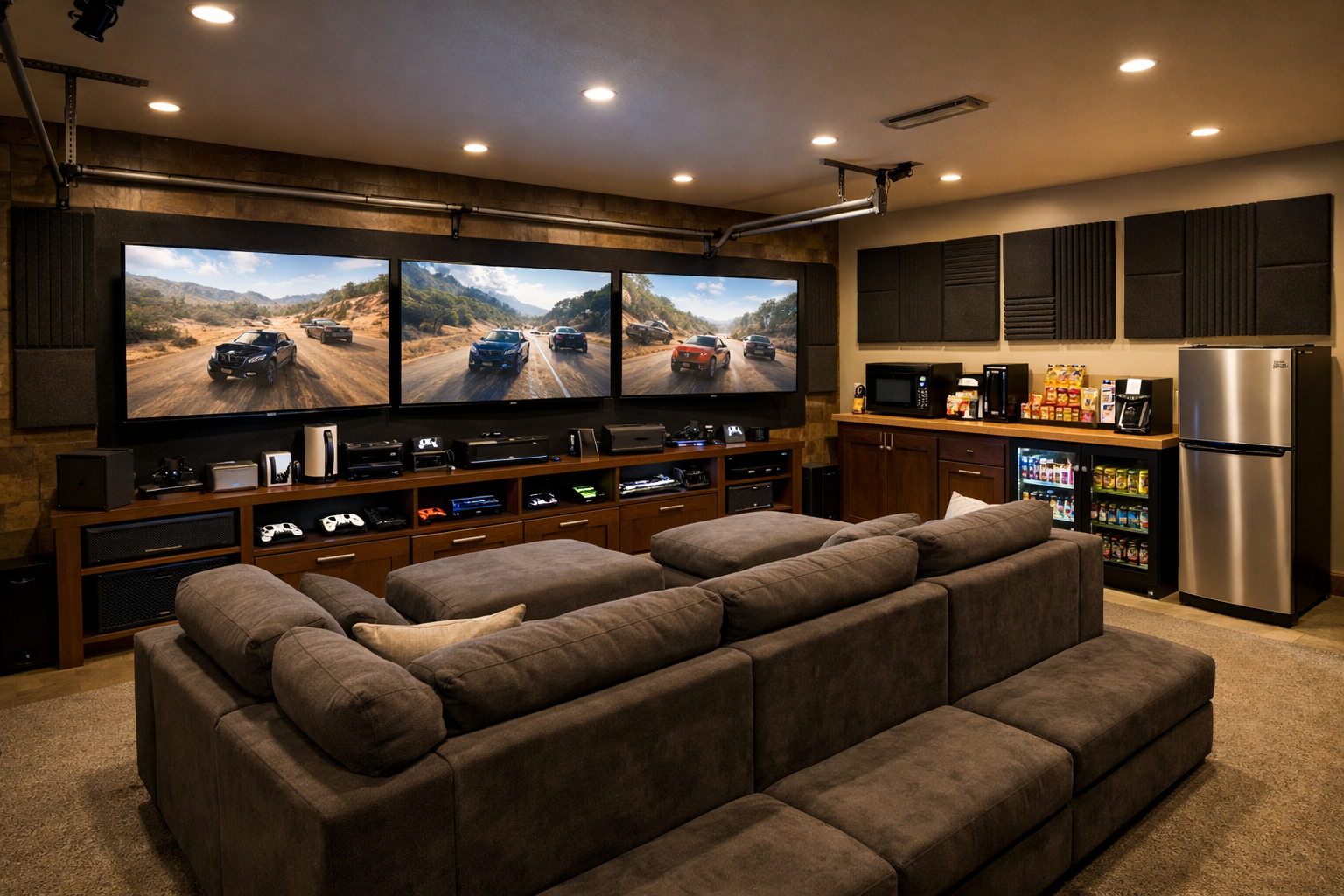 Console gaming garage with wall-mounted TVs and stadium-style seating