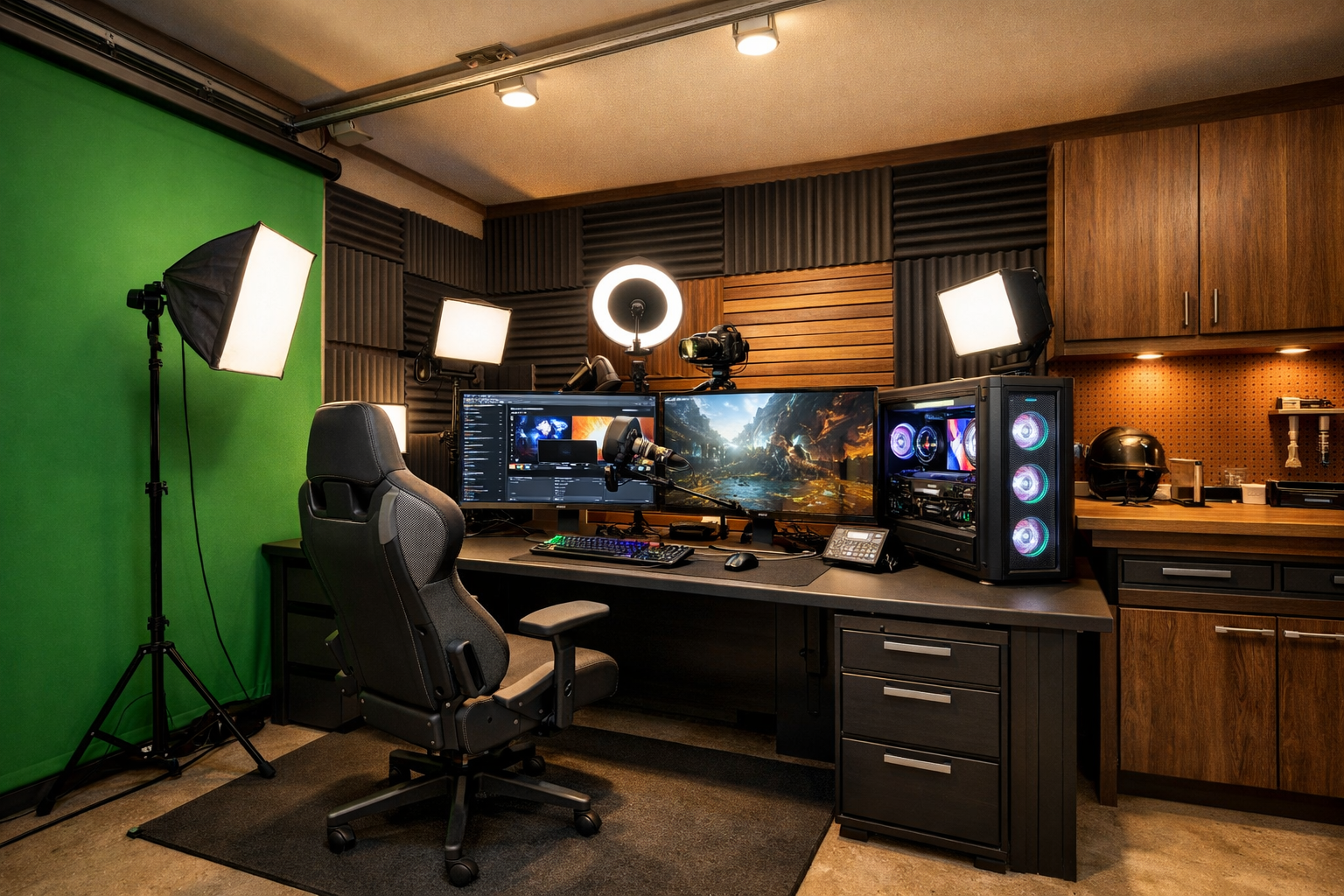 Professional streaming garage gaming room with broadcast equipment and green screen
