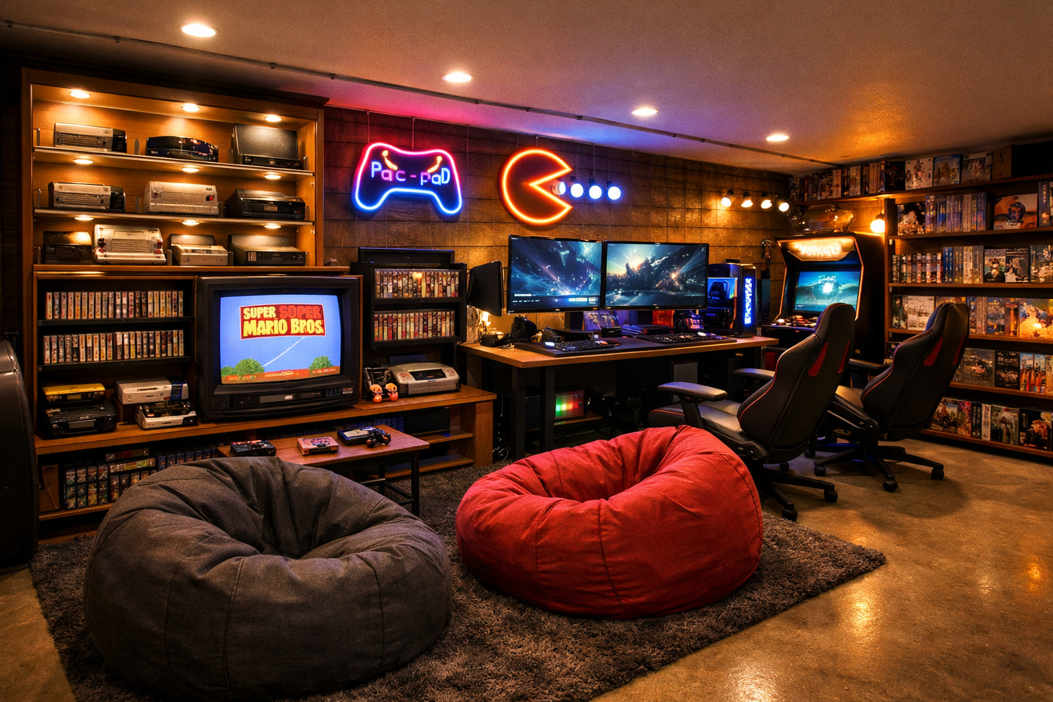 Mixed retro and modern gaming garage with vintage and current consoles