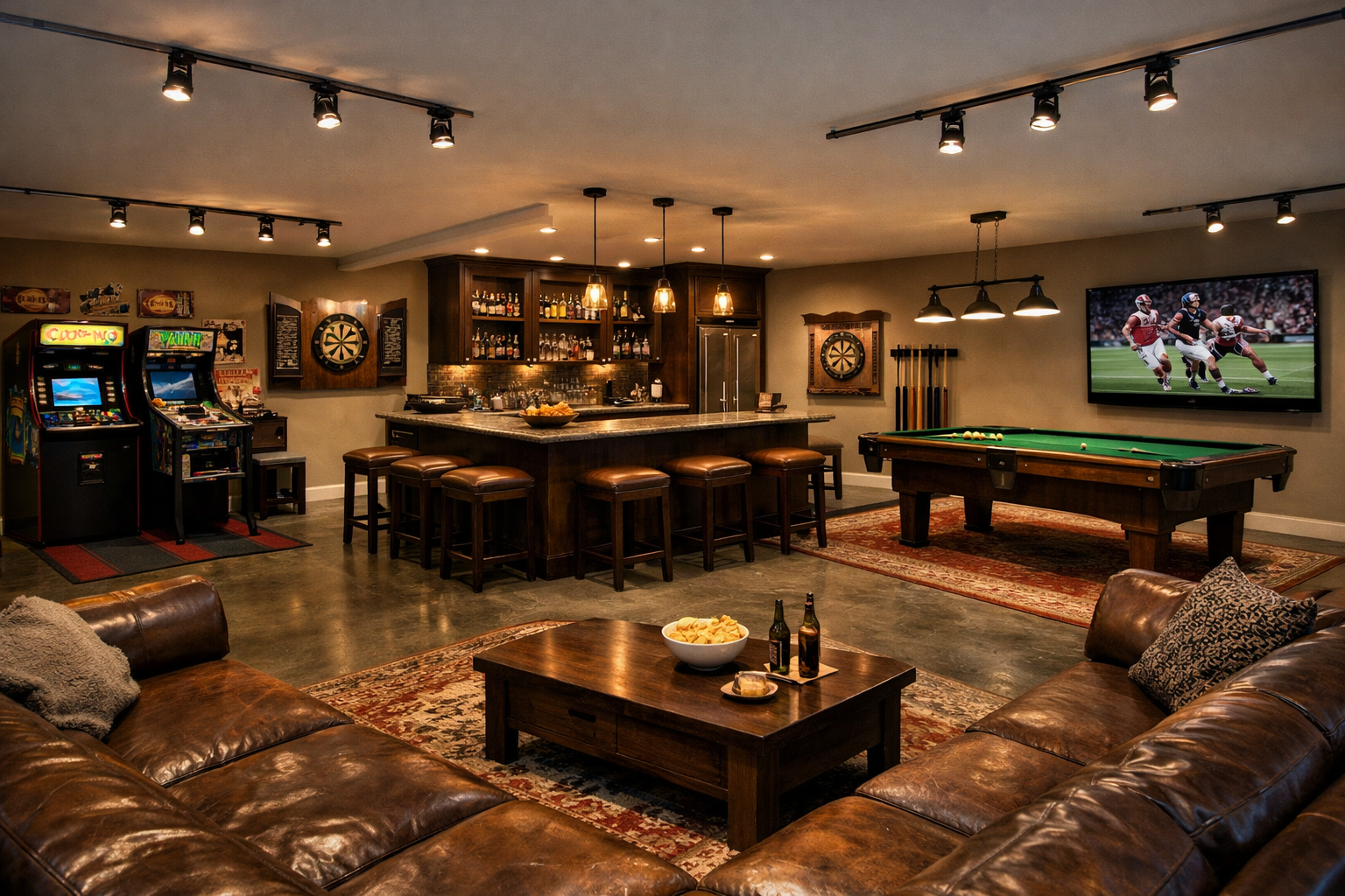 Multi-zone garage game room with arcade, pool table, darts, and lounge areas