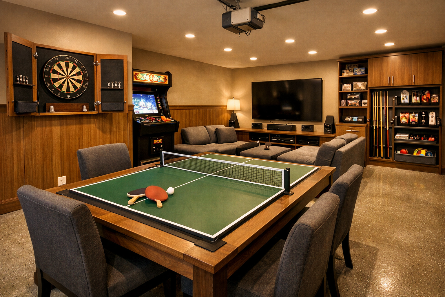Organized multi-game garage with convertible table and efficient storage