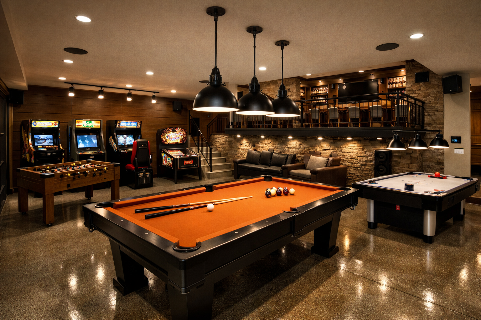 Large garage entertainment center with pool table and elevated viewing deck