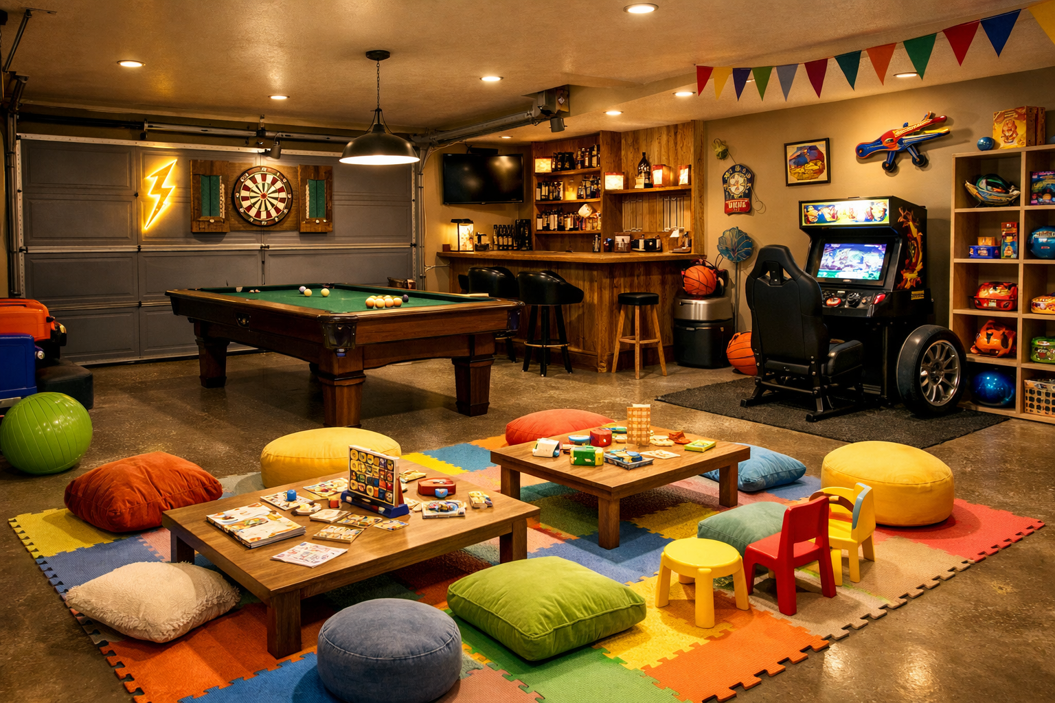 Family-friendly multi-game garage room with options for all ages