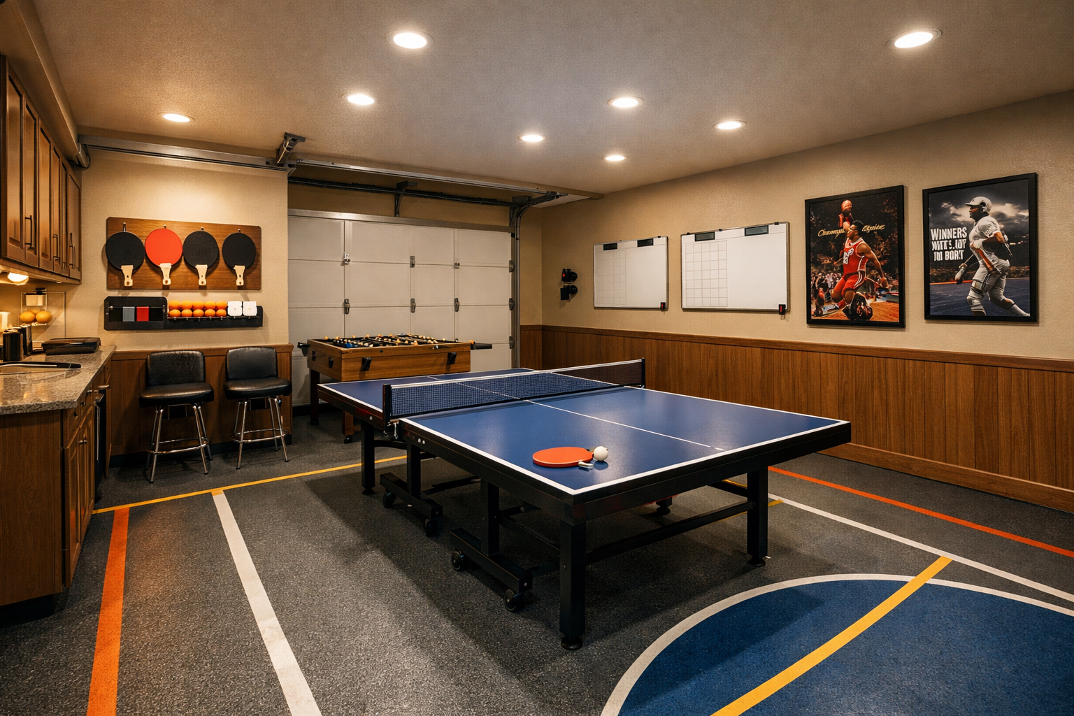 Active garage game room with ping pong table and foosball setup