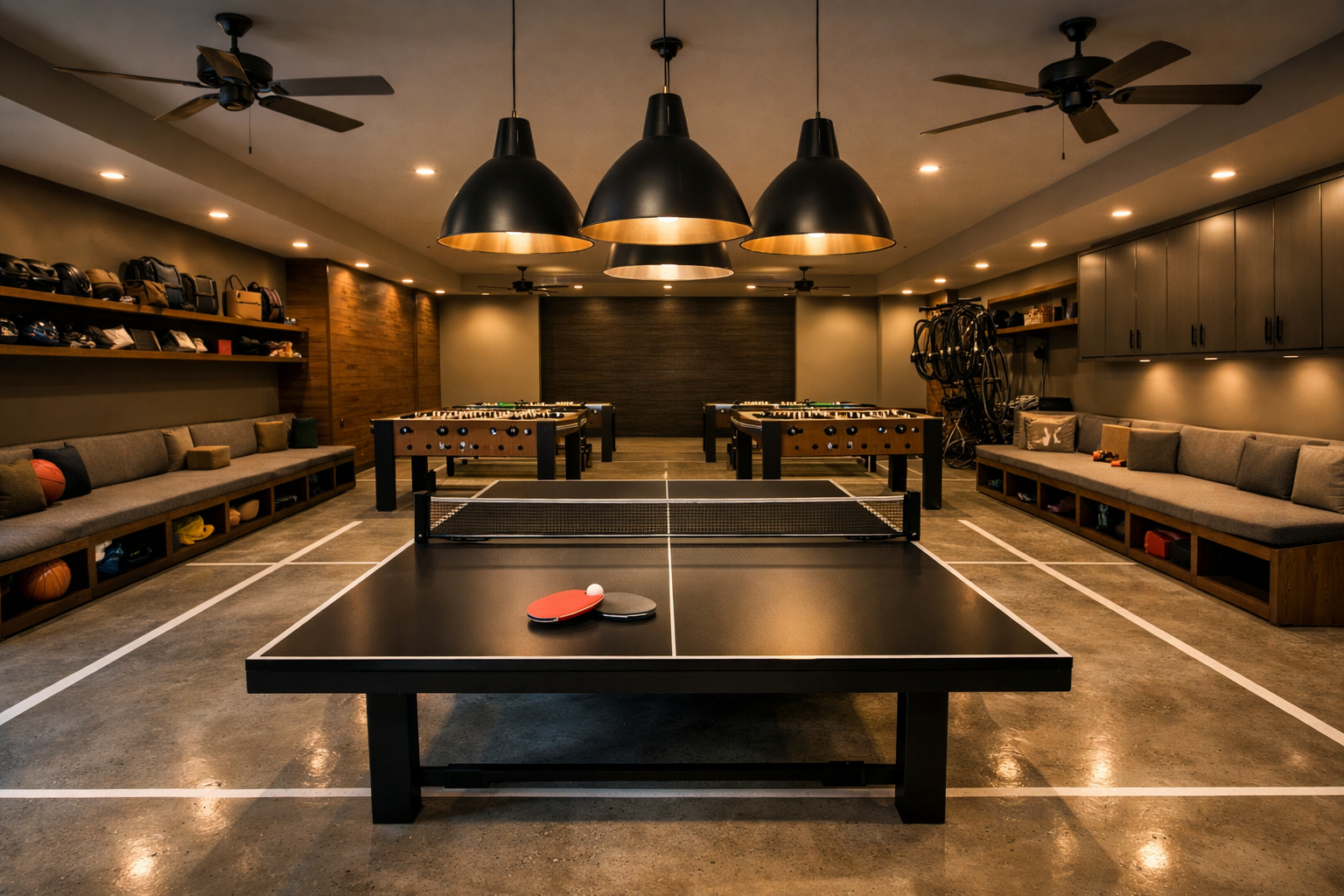 Modern garage ping pong room with multiple foosball tables and industrial design