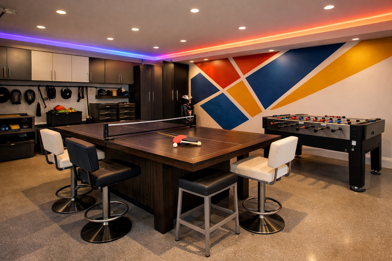 Convertible garage game room with ping pong dining table and tournament foosball
