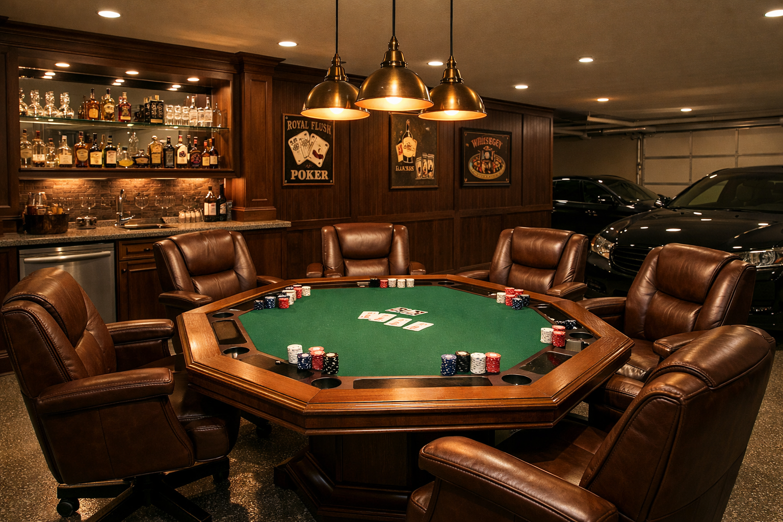 Sophisticated garage poker room with octagonal table and leather seating