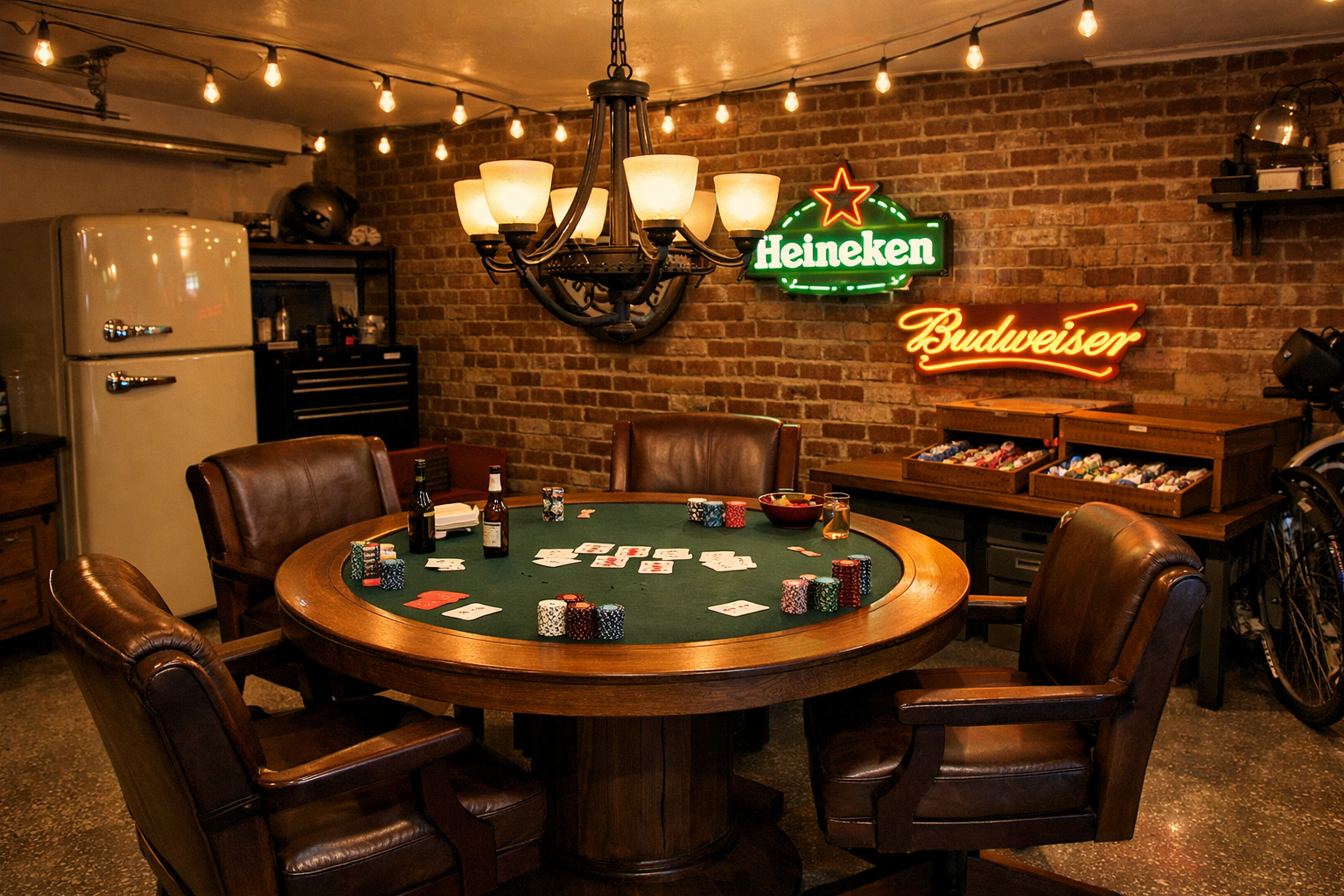 Casual garage poker room with convertible wooden table and string lighting