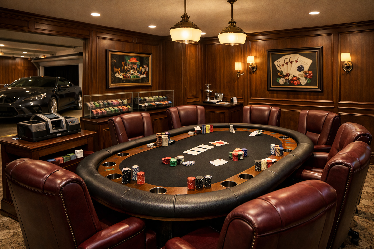 Upscale garage poker room with custom table and premium gaming accessories